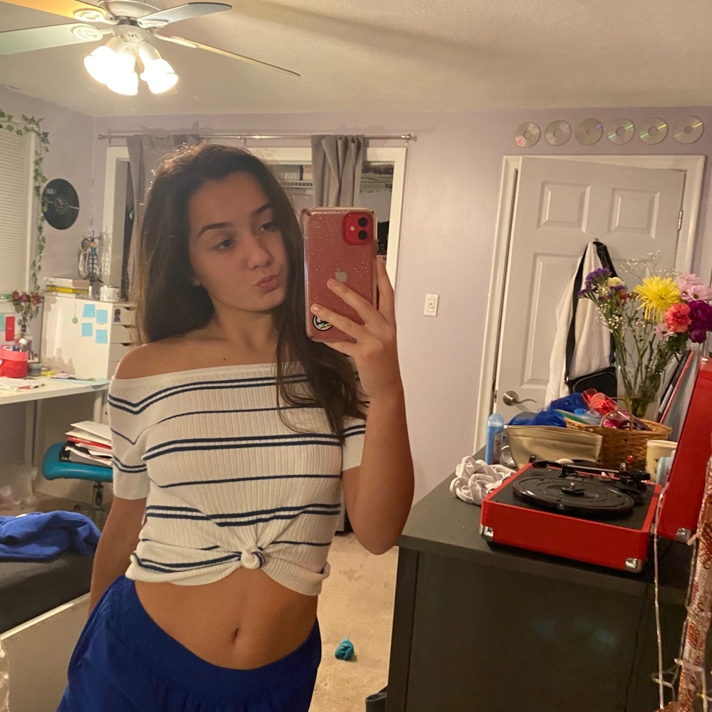 pacts in off the shoulder shirt